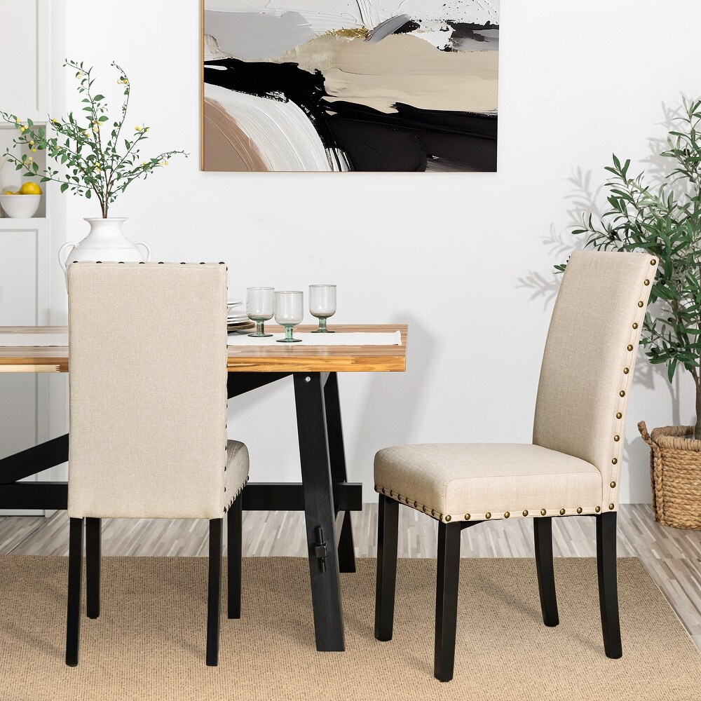 Glitzhome 38''H Set of 2 High Back Linen Fabric Studded Dining Chairs with Footpads