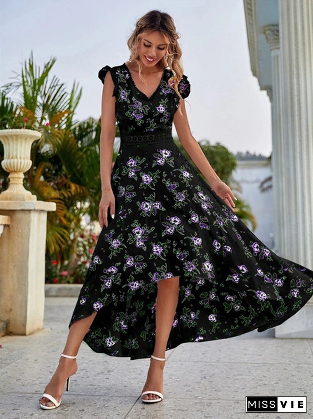 Summer Dresses Women Fashion V-neck Sleeveless Lace Patchwork Floral Print Holiday Long Dress Casual Vestido Party Dress