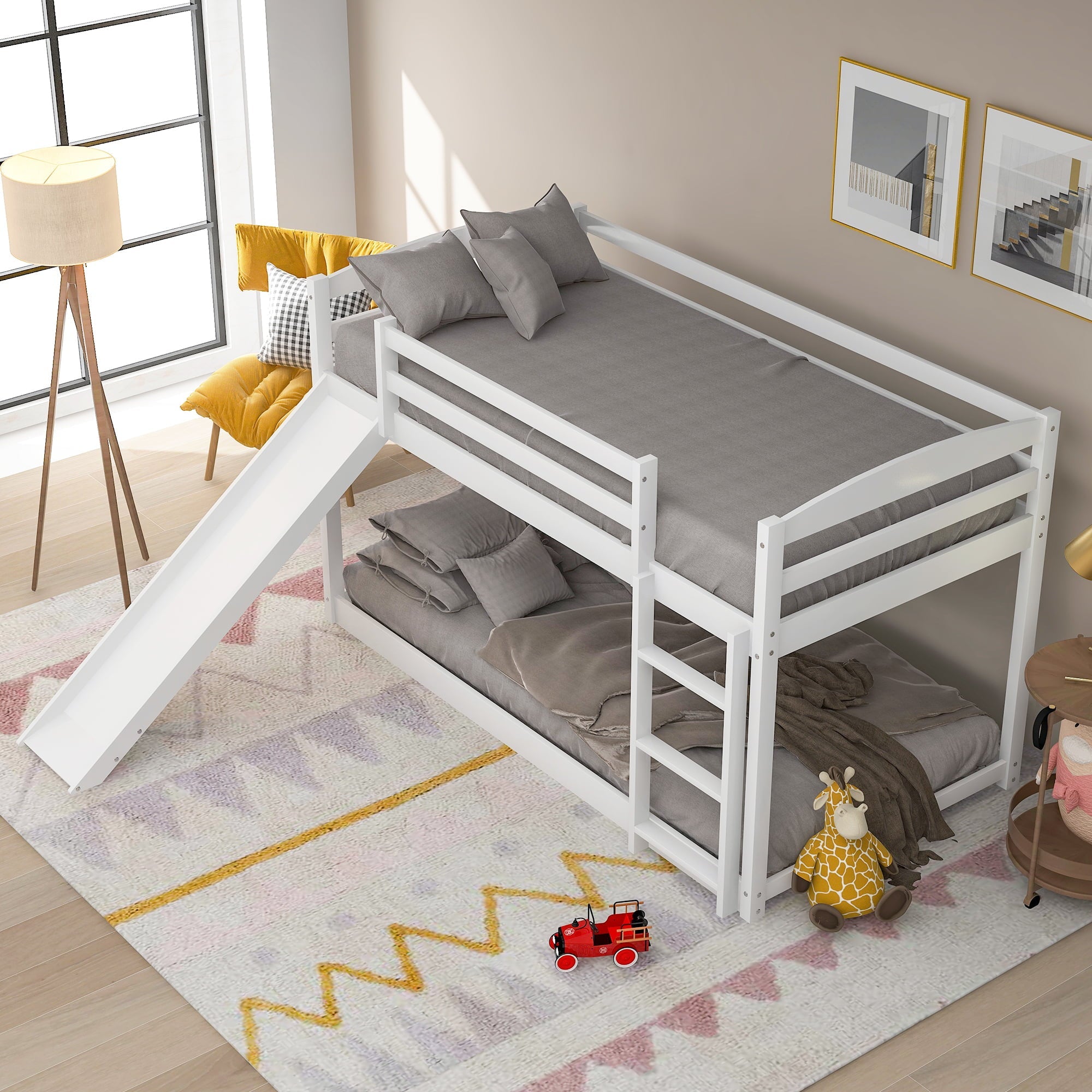 Sesslife Wood Floor Bunk Bed with Convertible Slide and Ladder for Boys Girls Toddlers, White Twin Over Twin Bunk Bed for Home Children’s Room, TE850