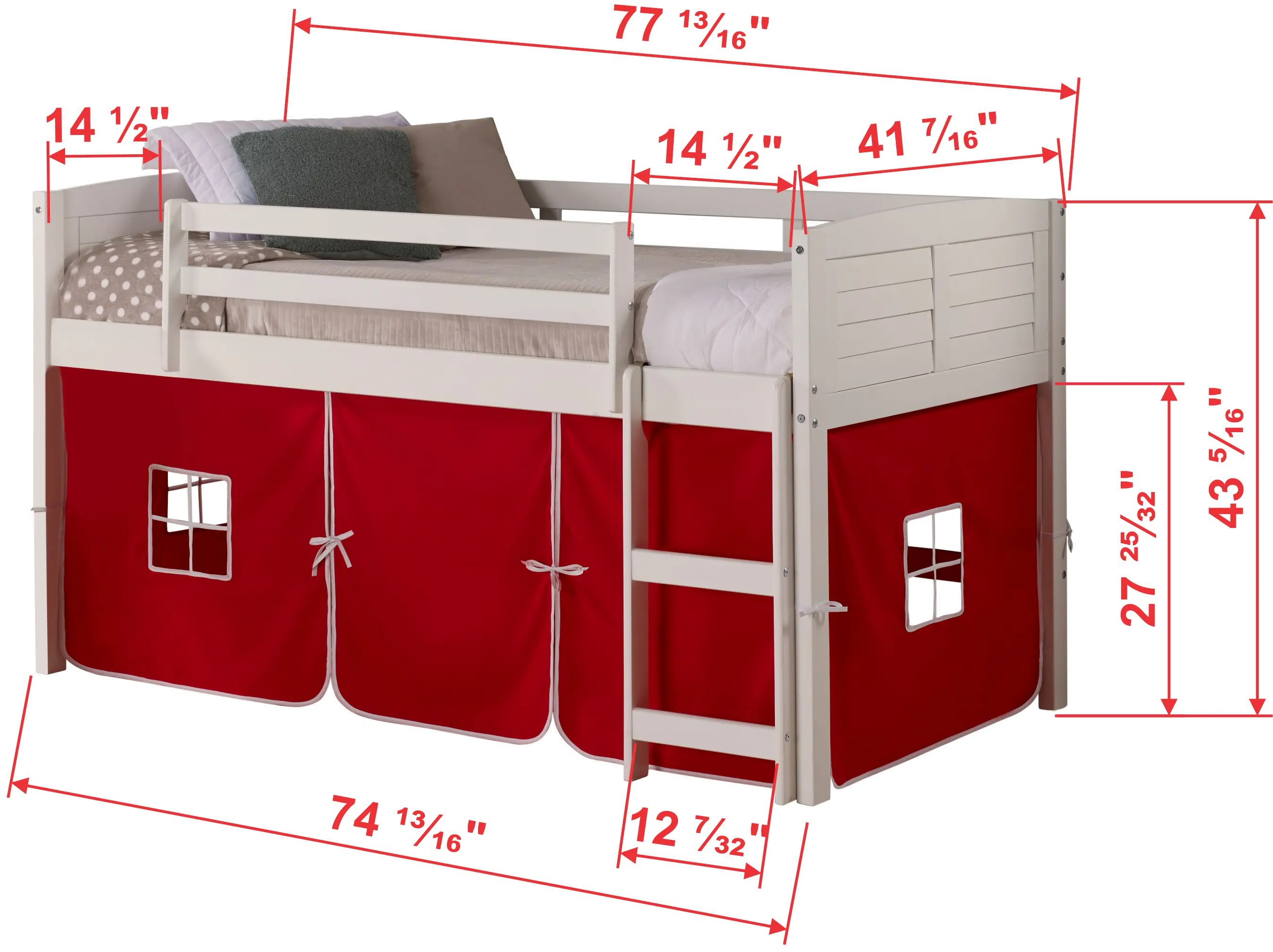 Louver White Twin Loft Bed with Red Tent