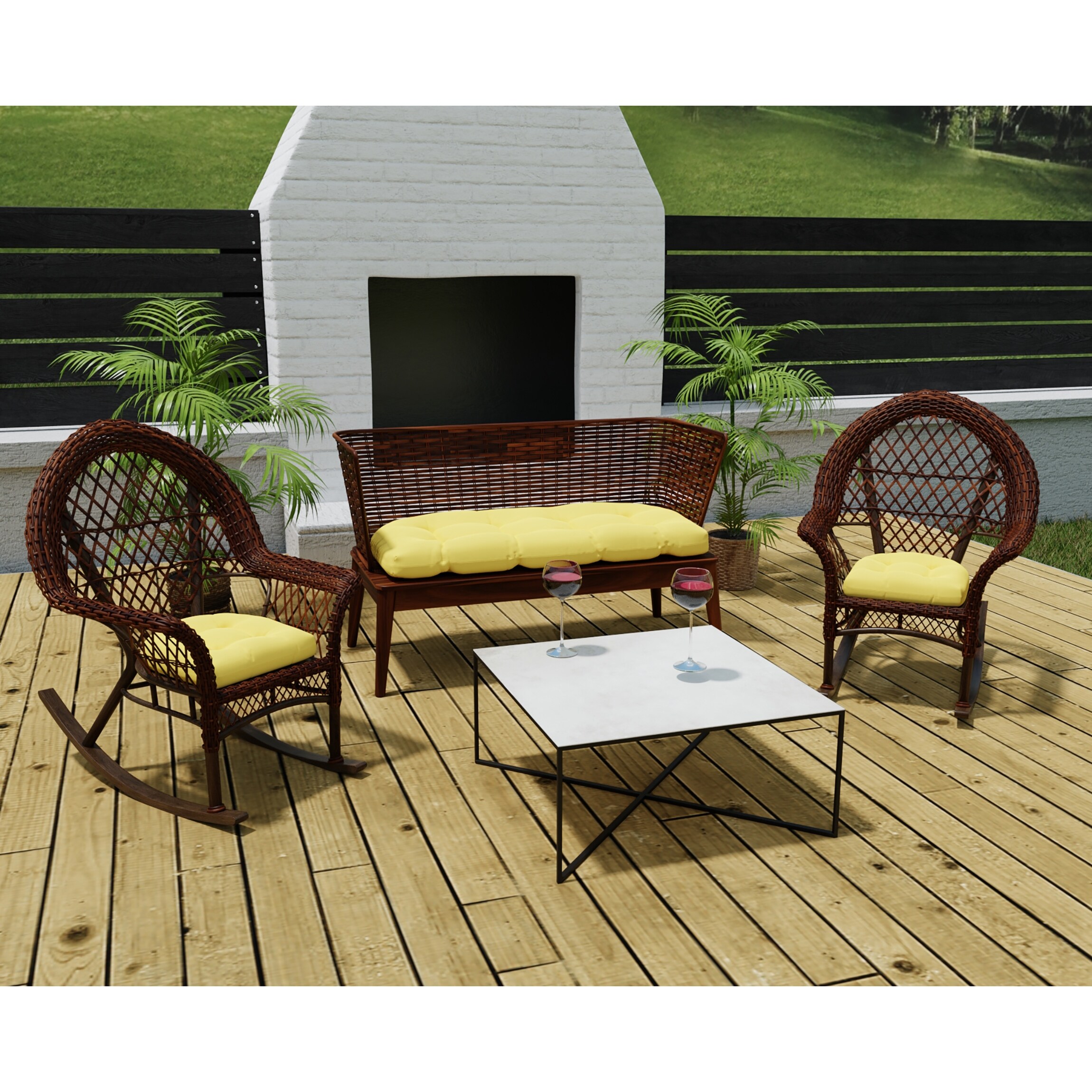 Yellow Solid Outdoor Wicker Cushion Set for Bench and 2 Chair Seats - 18'' L x 44'' W x 4'' H