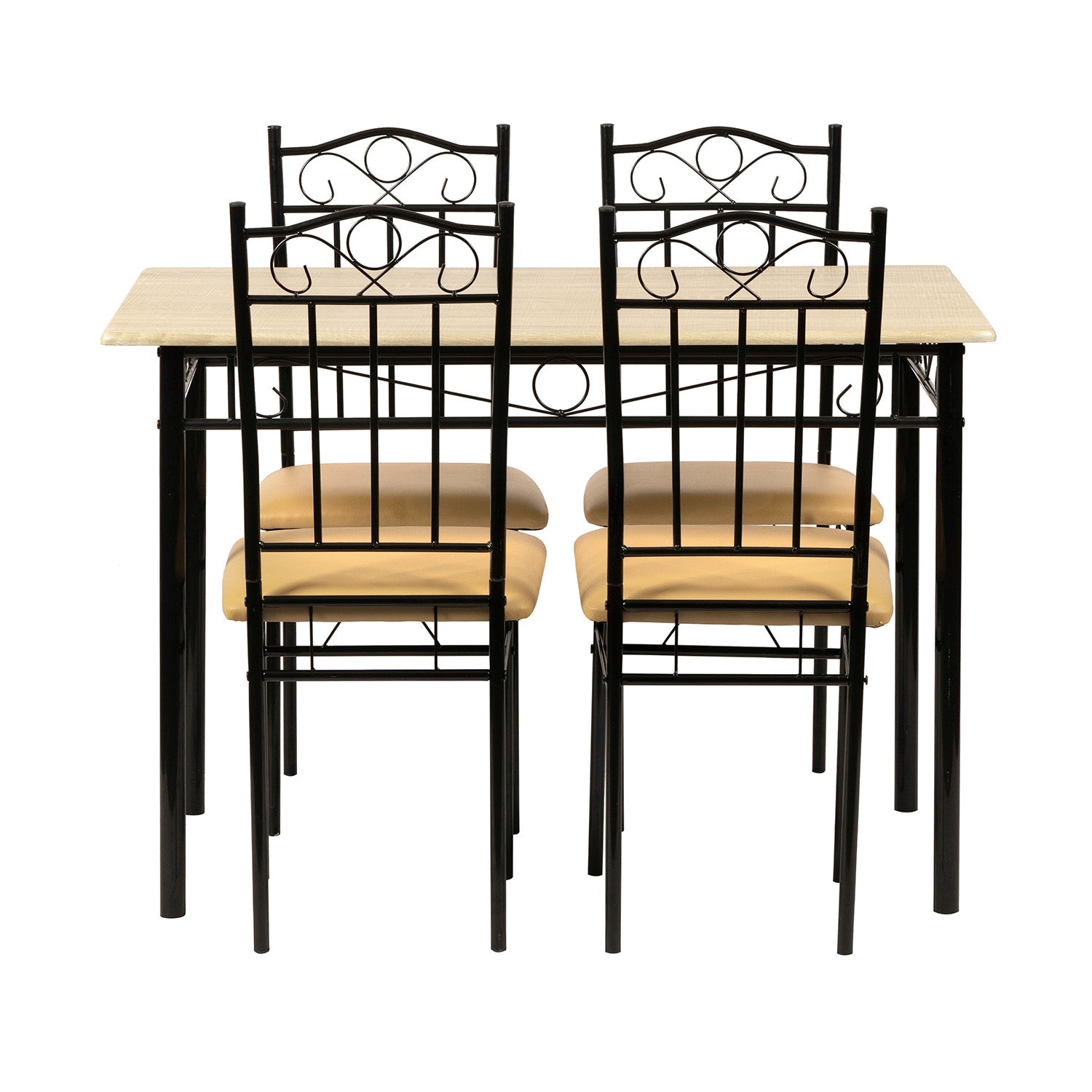 5 Piece Dining Table Set, Wood & Metal Dining Set for 4, Modern Kitchen Table and 2 PU Cushion Chairs Sets, Beech