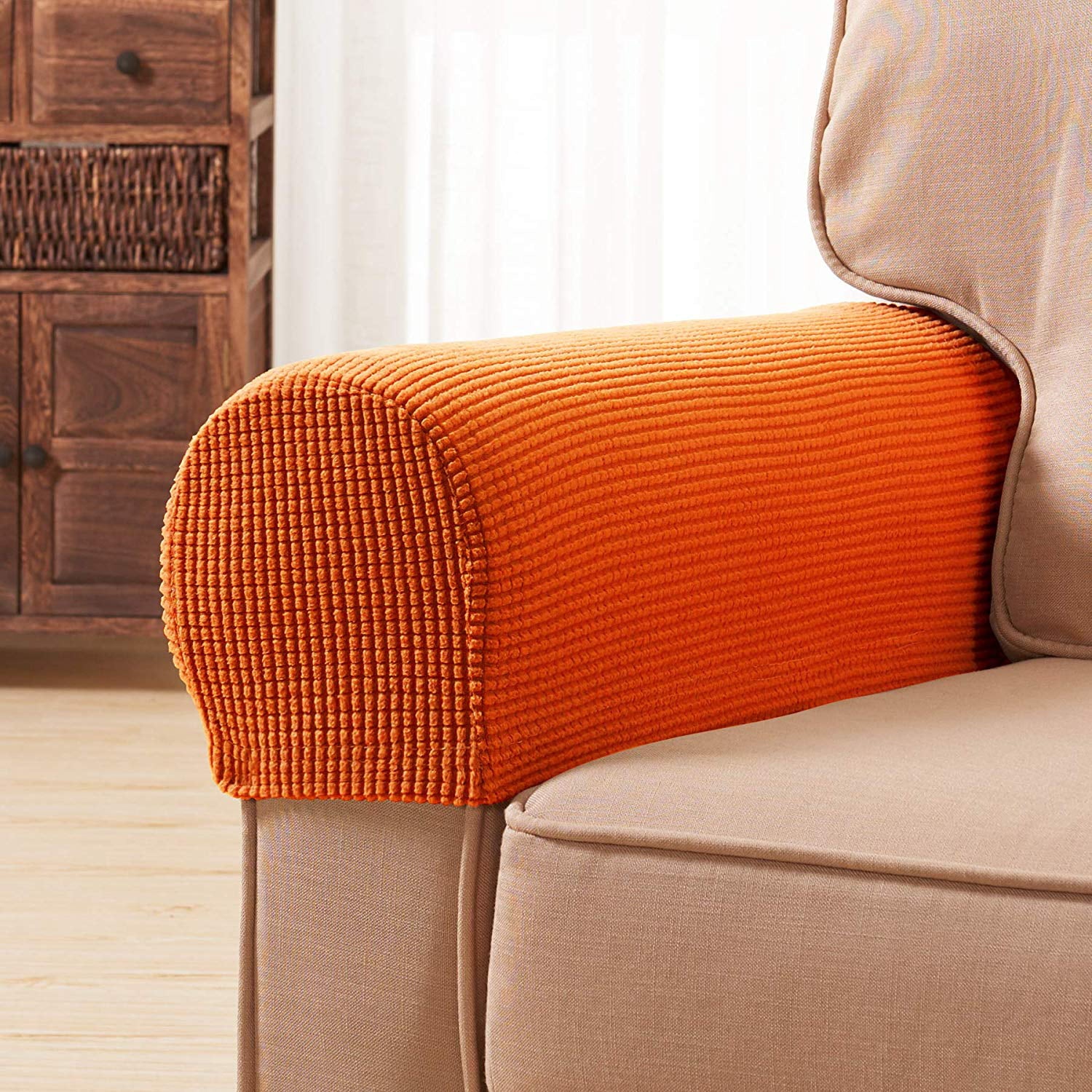 Subrtex Spandex Stretch Fabric Armrest Covers Anti-Slip Furniture Protector Armchair Slipcovers for Recliner Sofa Set of 2(Orange)