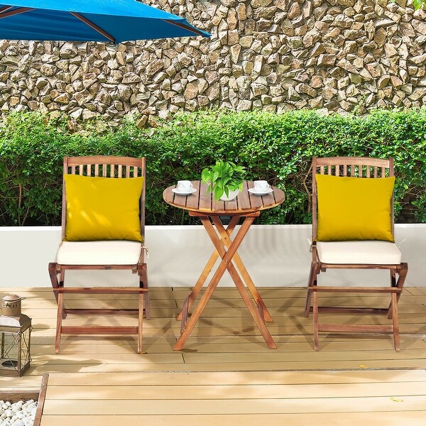 Costway 3PCS Patio Folding Wooden Bistro Set Cushioned Chair