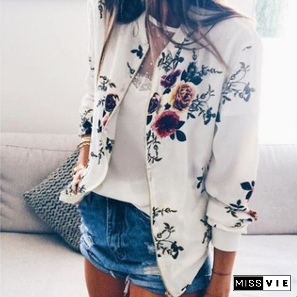 Women Casual Floral Printed Jackets Spring Autumn Long Sleeve Pocket Slim Streetwear Coat Female Zipper Bomber Biker Outwears