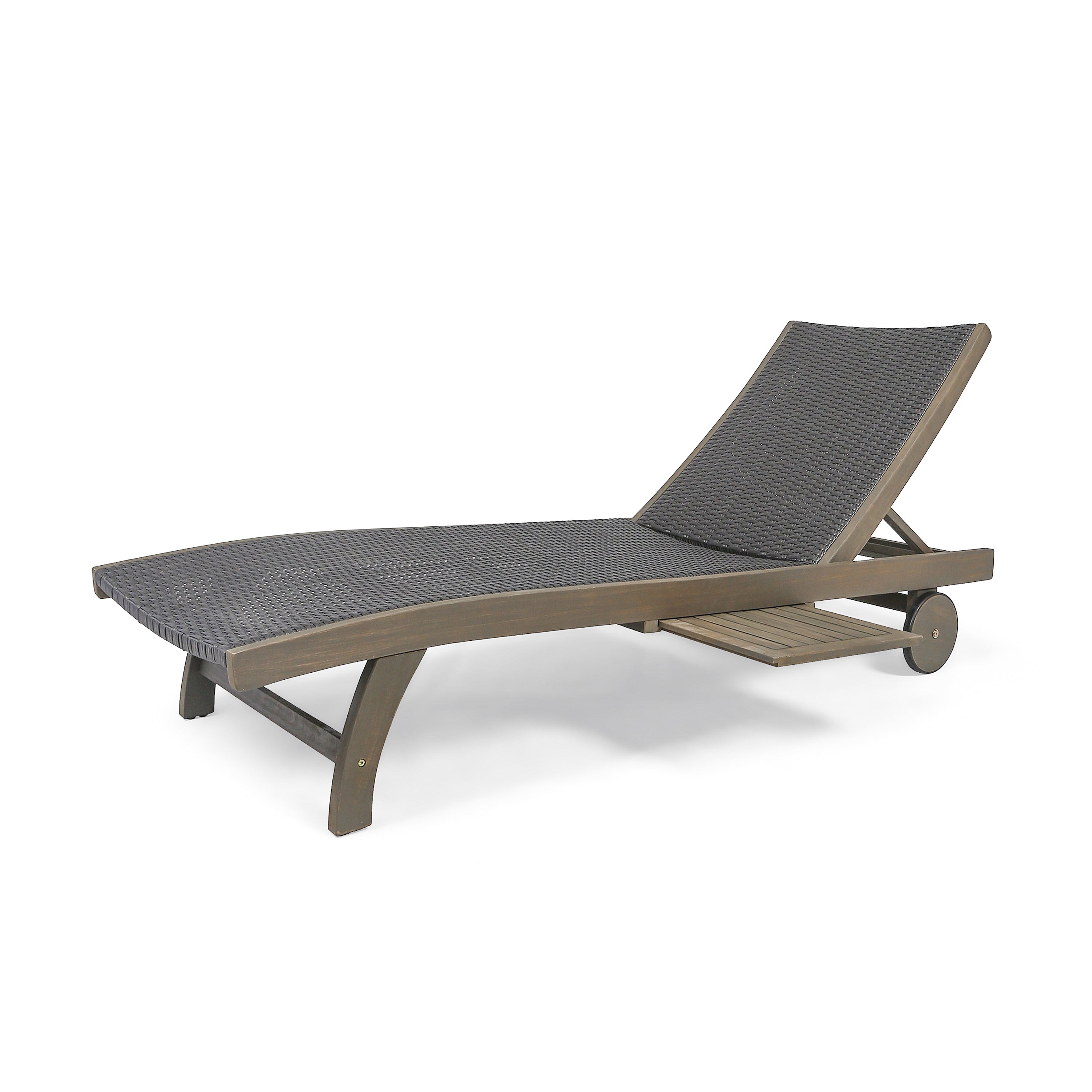 Yedda Outdoor Wicker and Wood Chaise Lounge with Pull-Out Tray