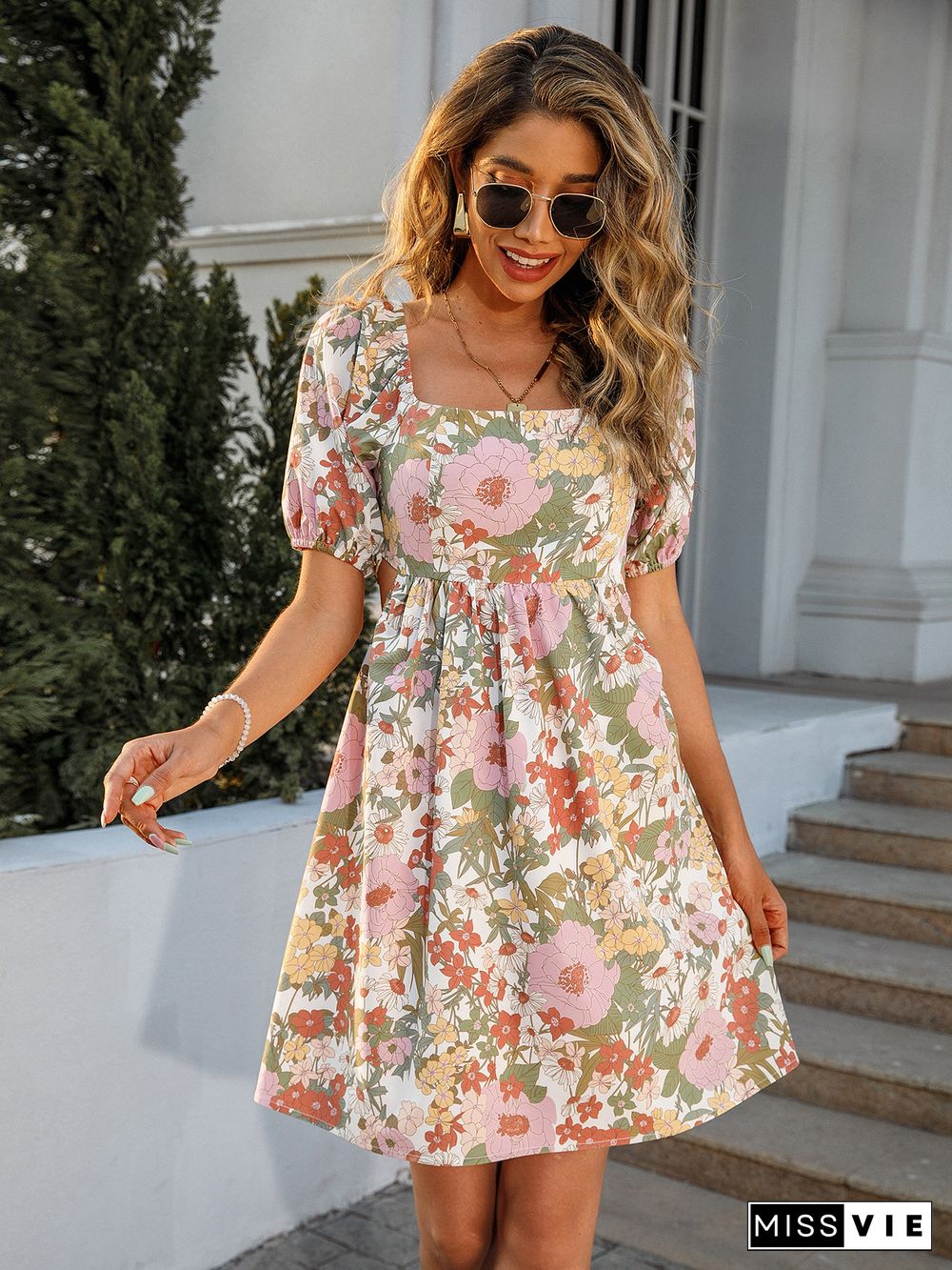 Square Neck Backless Back Knot Floral Dress