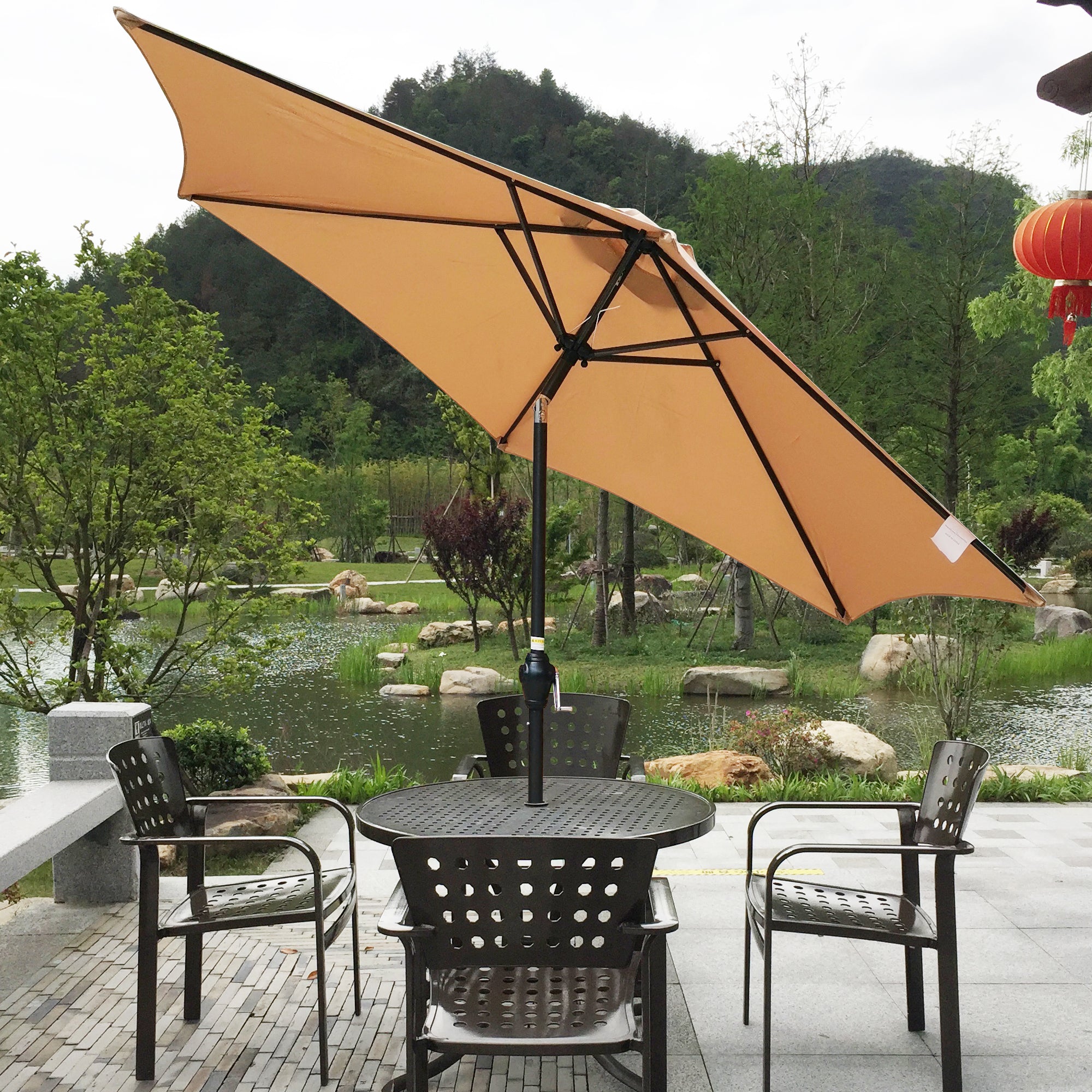 Patio Umbrella, 9ft Outside Table Umbrella with Push Button Tilt and Crank, Outdoor Market Umbrellas Fade Resistant Water Proof Patio Table Umbrella for Yard Garden in Brown