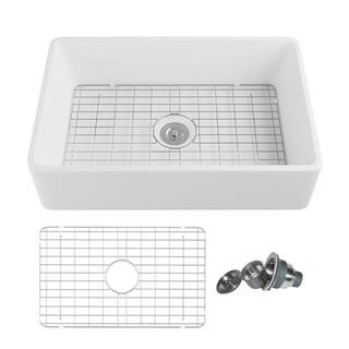 DEERVALLEY DeerValley Feast White Ceramic 33 in. L Rectangular Single Bowl Farmhouse Apron Kitchen Sink with Grid and Strainer DV-1K119