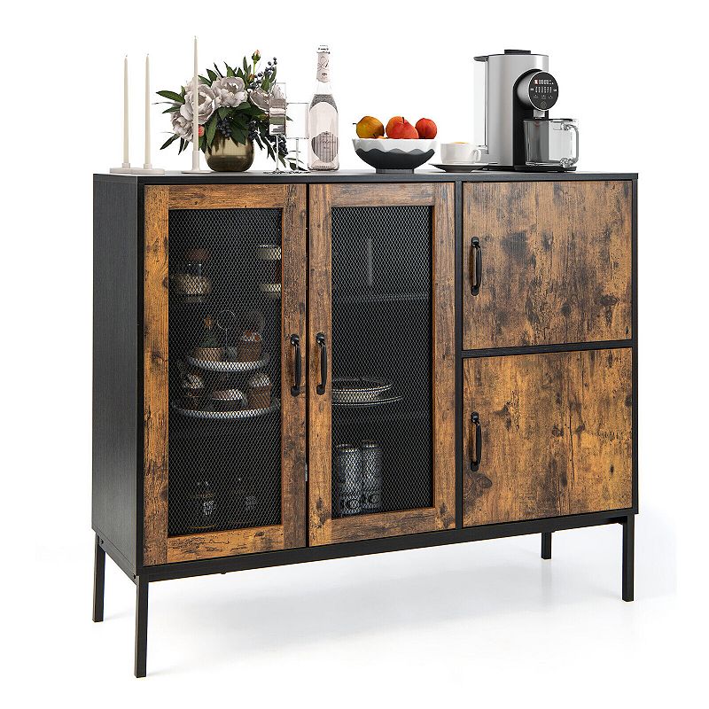 48 Industrial Kitchen Buffet Sideboard with Metal Mesh Doors and Anti-toppling Device-Brown