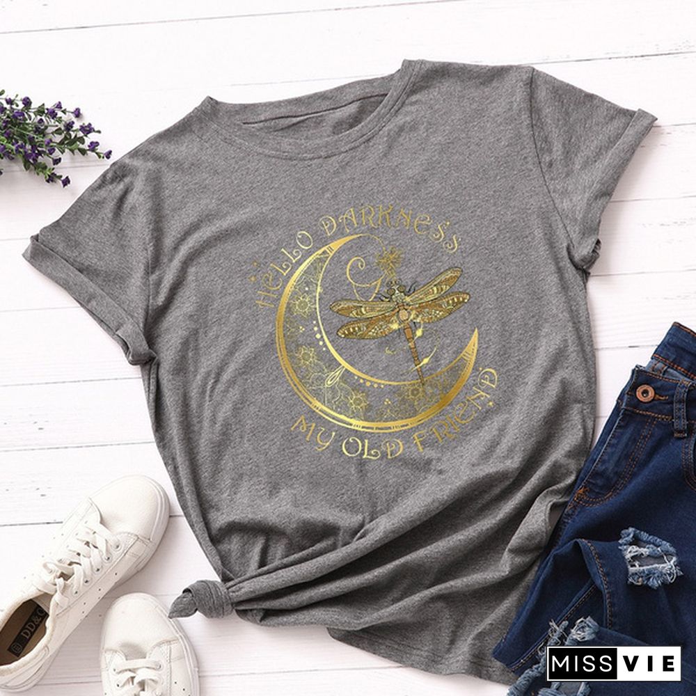 Women Summer T Shirts Plus Size Moon Dragonfly Letter Print Fashion Female Casual Streetwear Ladies Graphic Tee Tops