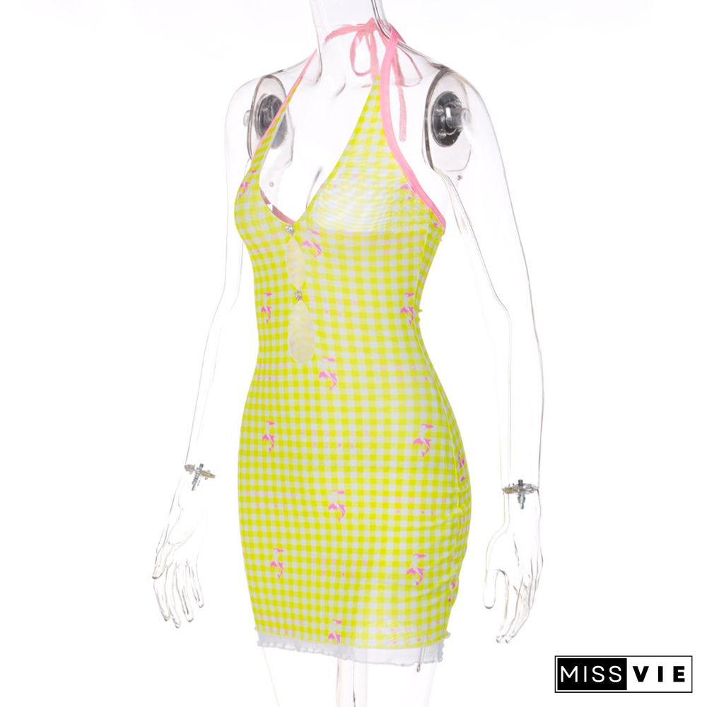 New Lace-up Halterneck Open-back Gingham Print Dress