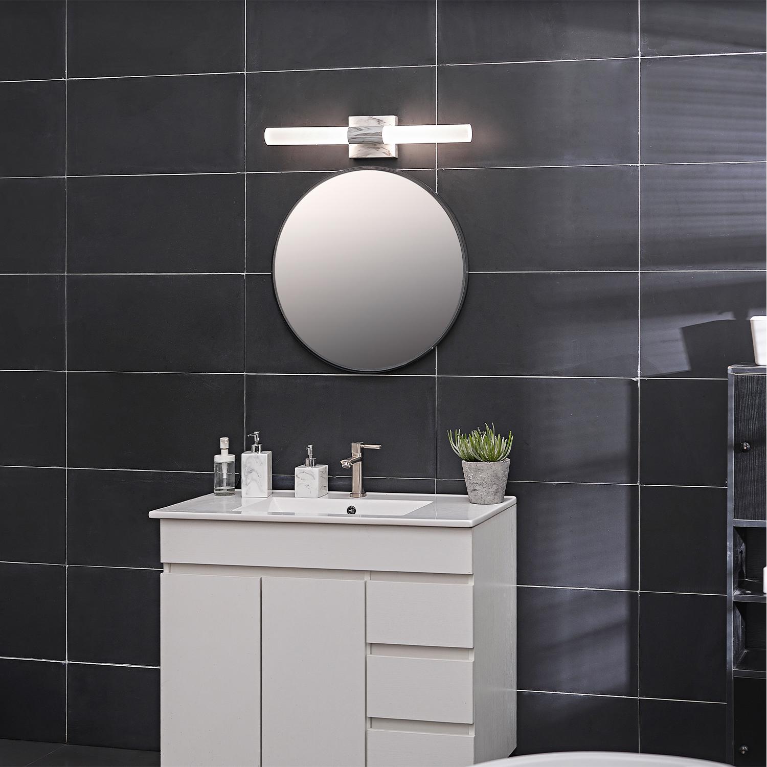 Globe Electric Edinburgh 2-Light White Faux Marble LED Integrated Dimmable Wall Sconce Vanity Light with Frosted Acrylic Shades， 91000660