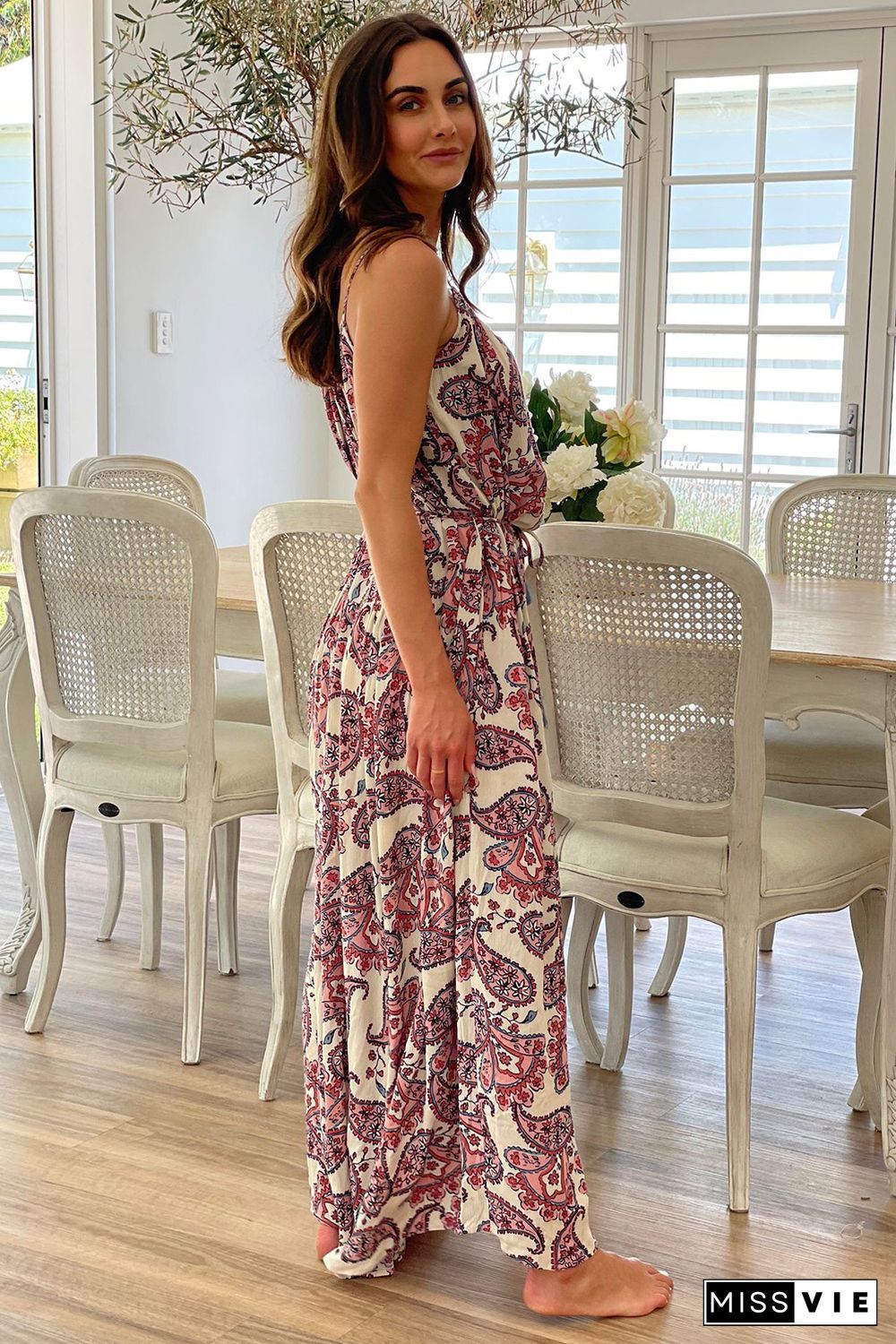 White Boho Paisley Print Spaghetti Straps Maxi Dress