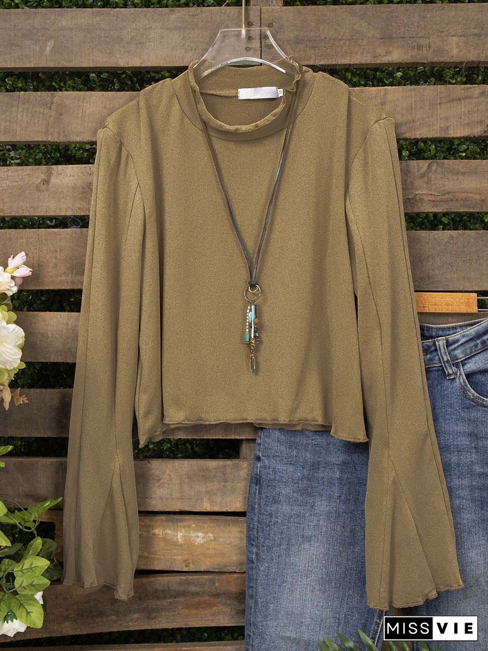 Vintage Plain Long Sleeve Frill Sleeve Plus Size Casual Tops