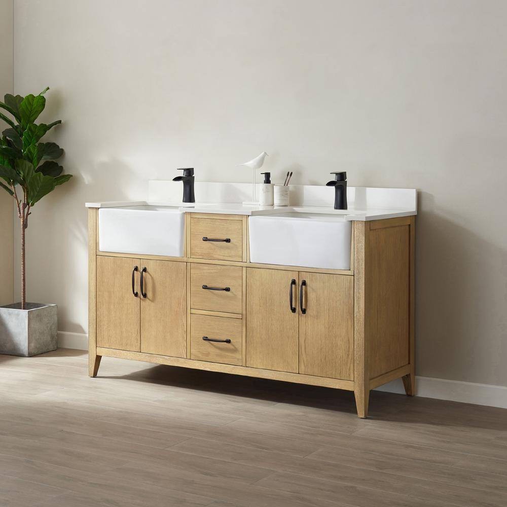 ROSWELL Sevilla 60 in.W x 22 in.D x 33.9 in.H Bathroom Vanity in Washed Ash with White Composite Stone Countertop Without Mirror 897060-WA-WHN