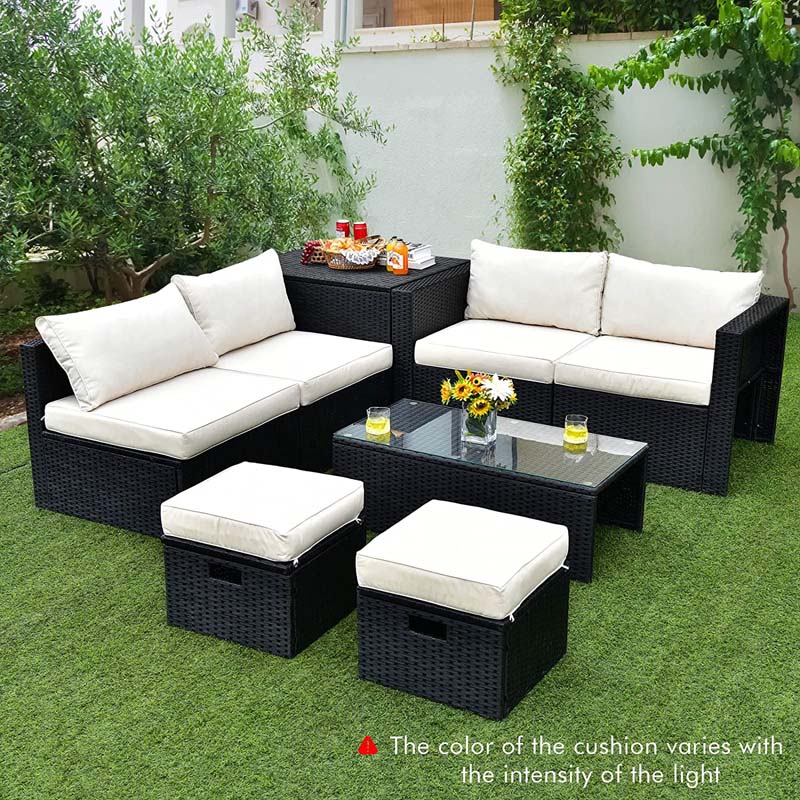 8 Pcs Rattan Wicker Outdoor Patio Furniture Sectional Sofa Set with Storage Box & Waterproof Cover