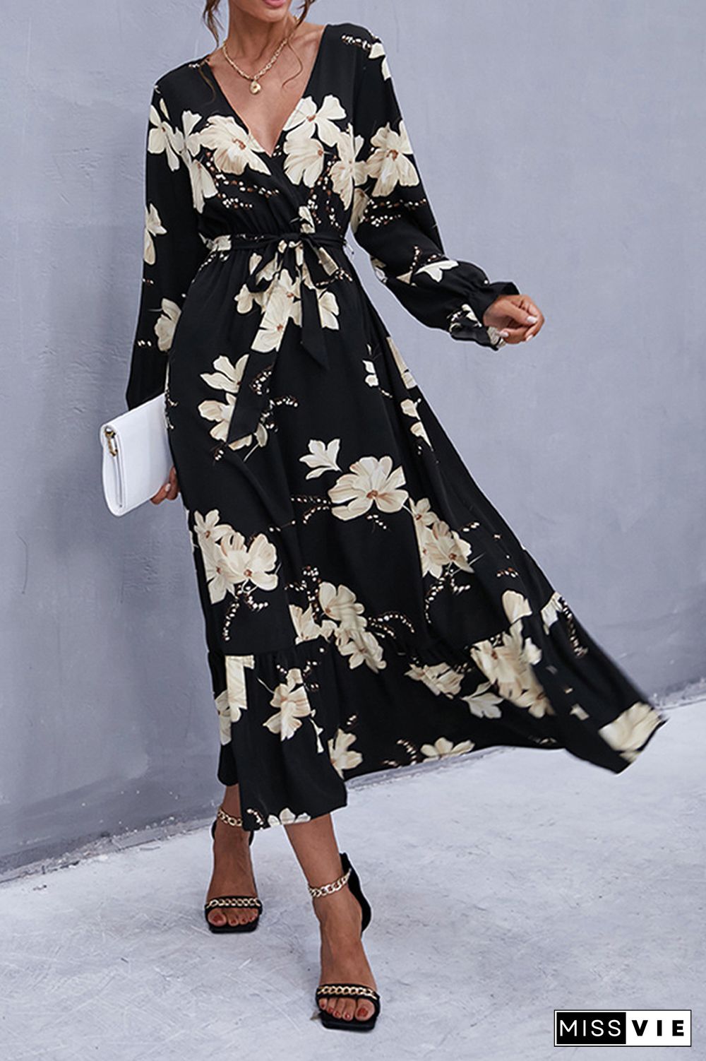 Surplice V Neck Floral Maxi Dress