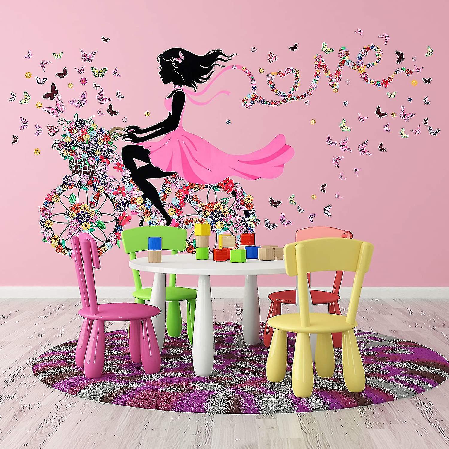 2 Sheets Flower Fairy Wall Murals Girl Wall Decals With Flowers And Butterflies Decorative Girl On Bicycle Wall Stickers For Girls Kids Bedroom Birthd