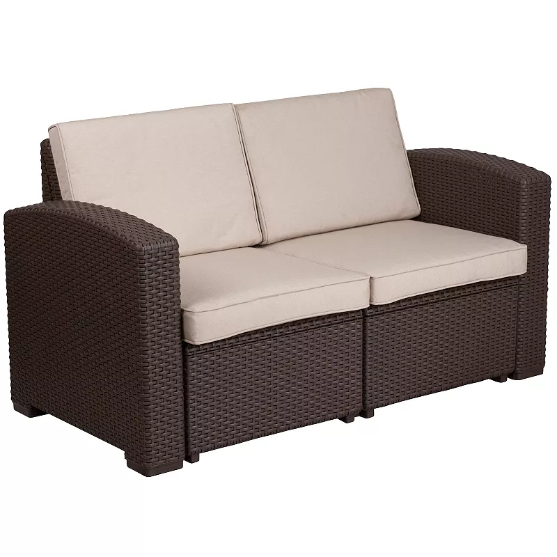 Merrick Lane Malmok Outdoor Furniture Resin Loveseat Faux Rattan Wicker Pattern 2-Seat Loveseat With All-Weather Cushions