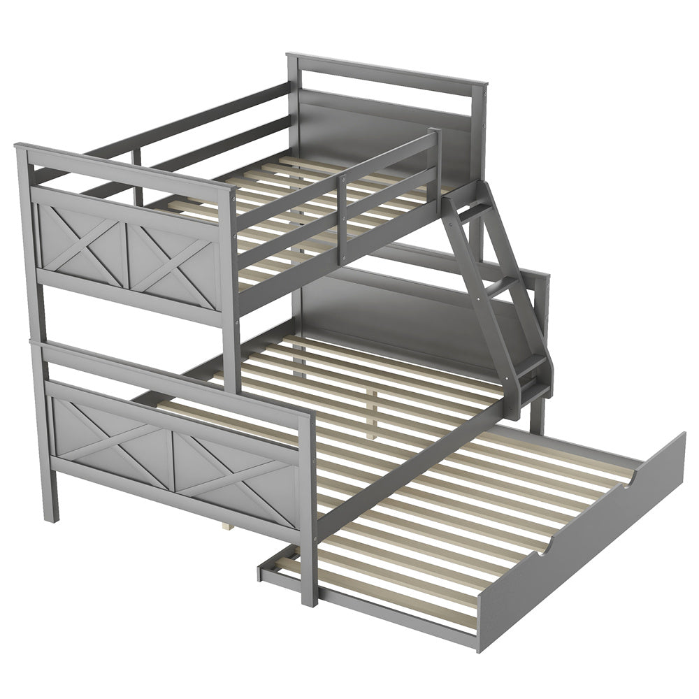 Twin Over Full Bunk Bed with Trundle, Pine Wood Bed Frame and Ladder with Guard Rails for Toddlers, Kids, Teens, Boys and Girls, Grey