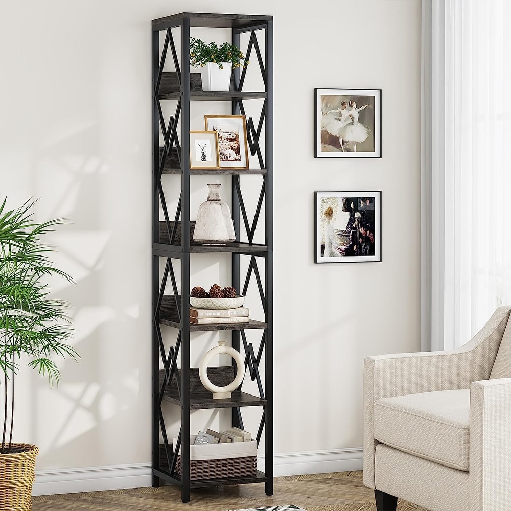 75 Inches Tall Narrow Bookcase with Heavy Duty Metal Frame