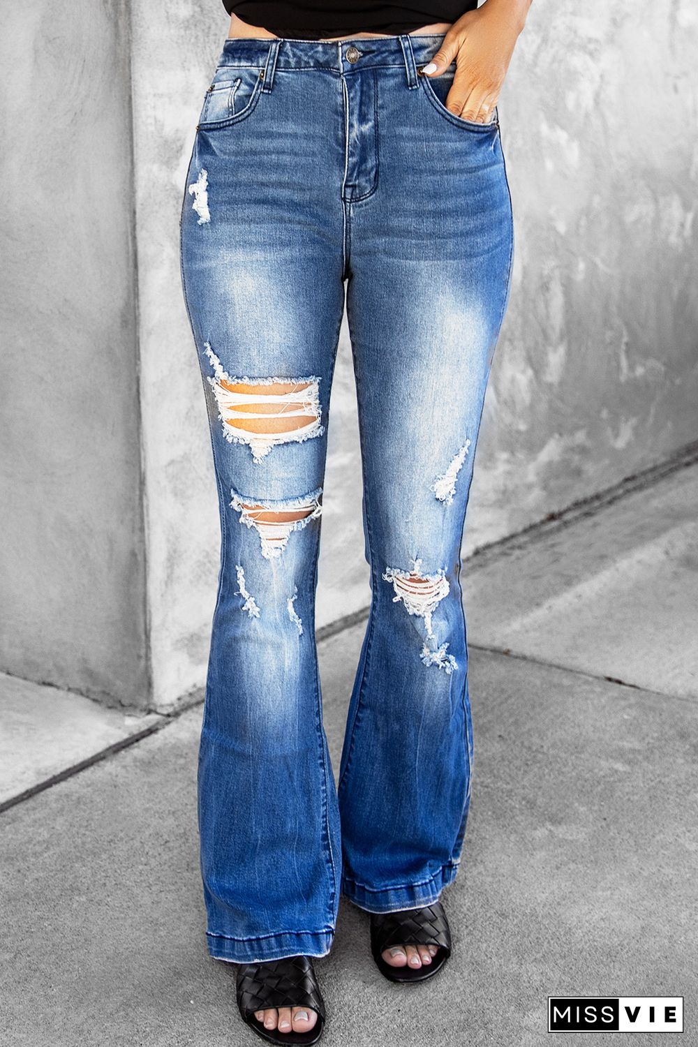 High Waist Distressed Flare Jeans