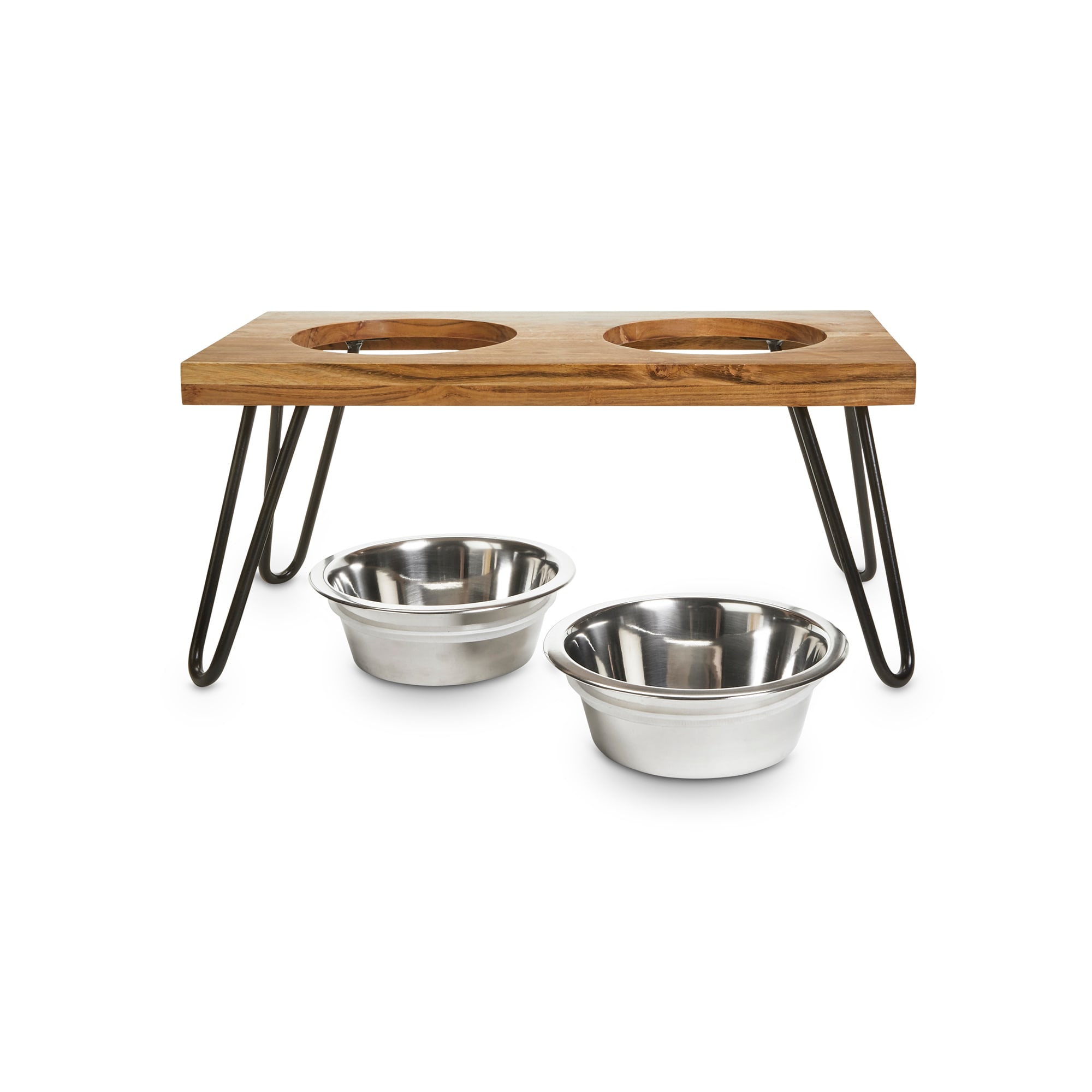 EveryYay Better Together Elevated Wood Double Diner with Stainless-Steel Bowls for Dogs， 4.6 Cups