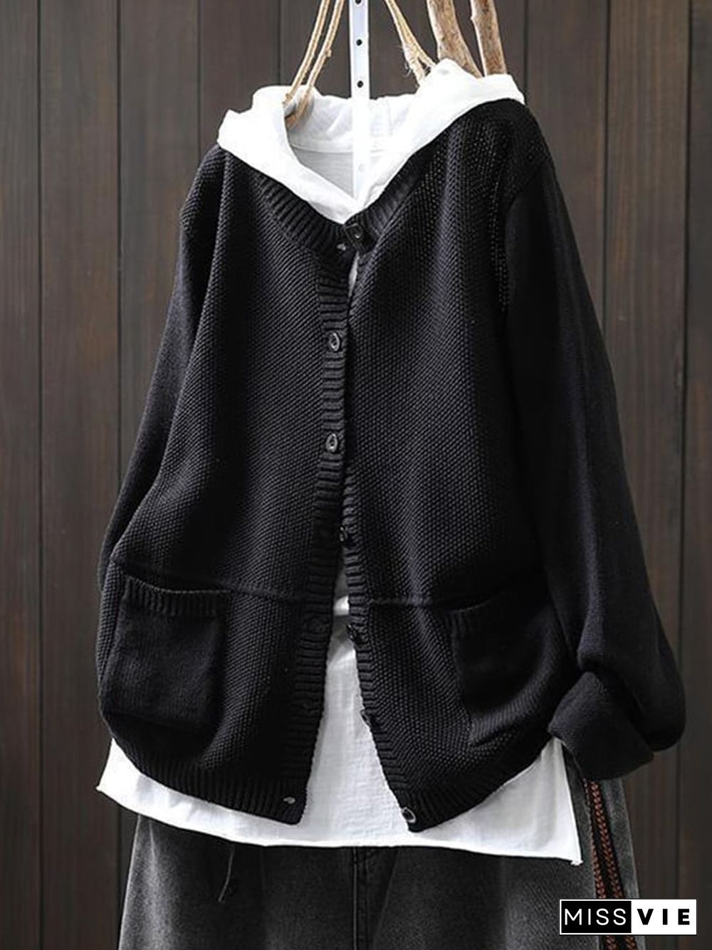 Women's Loose Art Casual Double Pocket Knitted Sweater Jacket