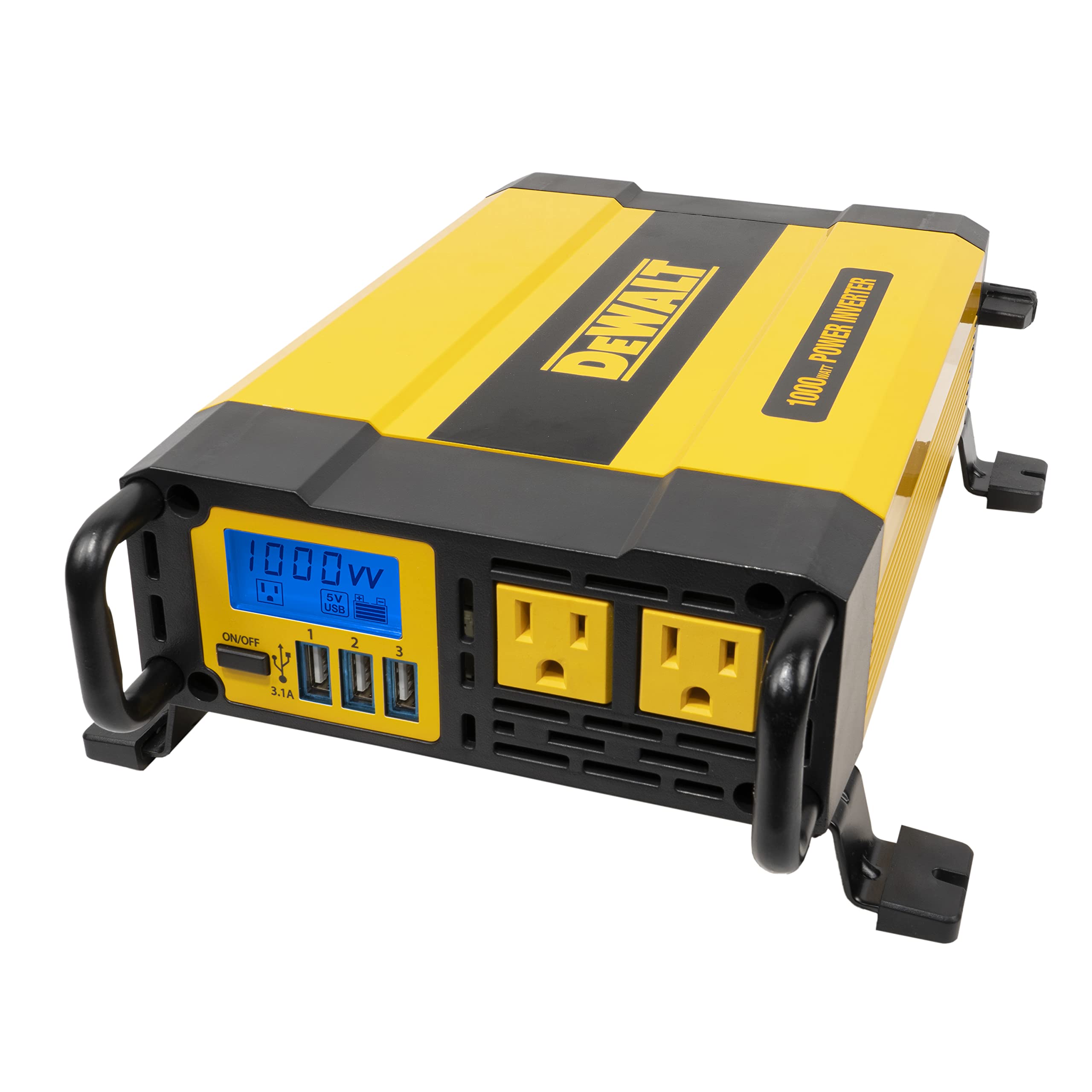 DEWALT DXAEPI1000 Power Inverter 1000W Car Converter with LCD Display: Dual 120V AC Outlets， 3.1A USB Ports， Battery Clamps