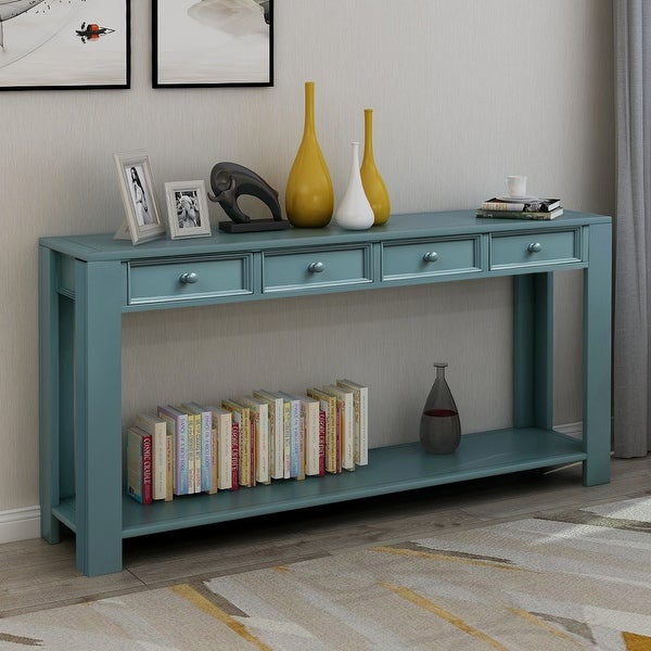 Rustic Console Table with 2 Storage Drawers and Exquisite Retro Knob， Sofa Table with Bottom Storage Shelf， Retro Blue