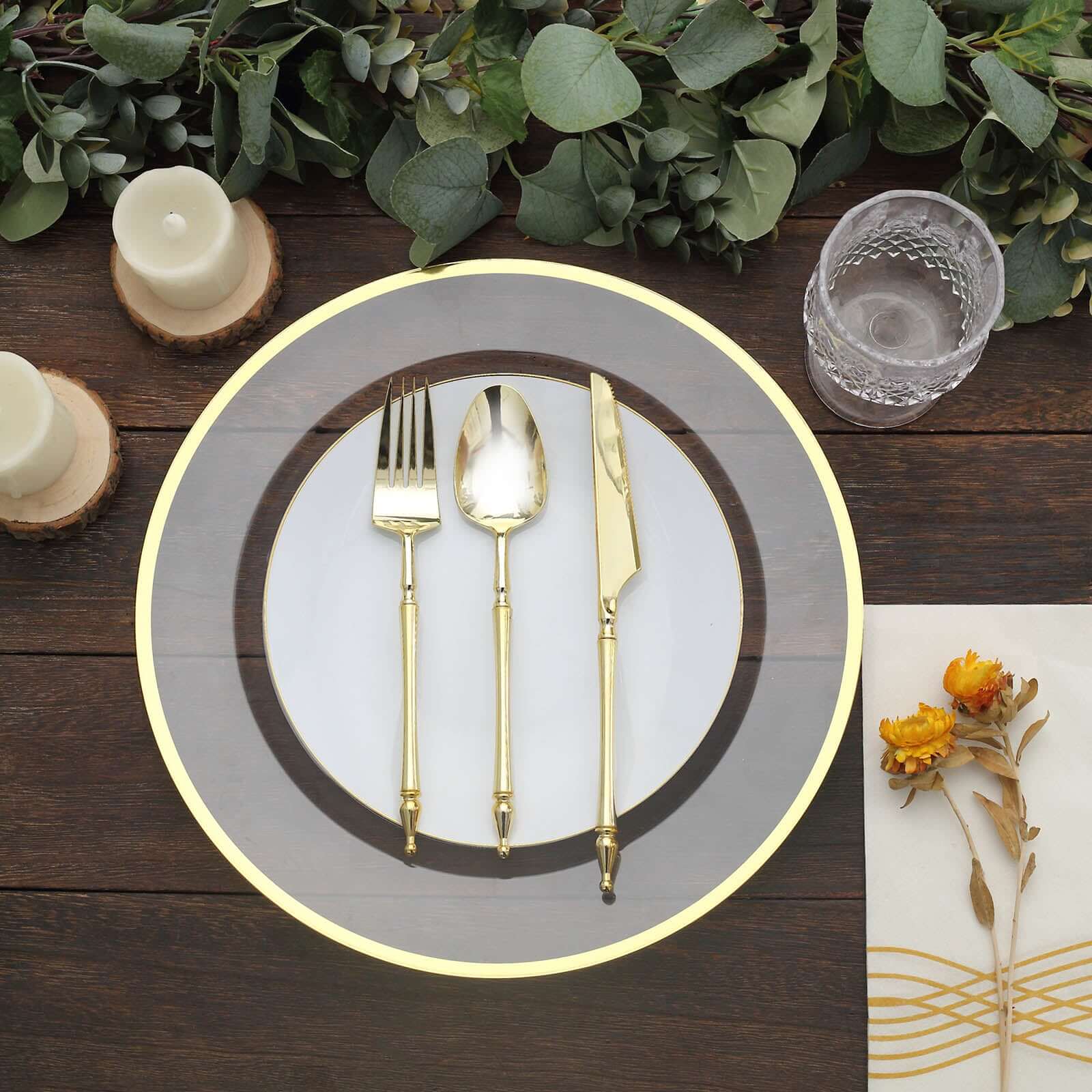 10 Pack Clear Economy Plastic Charger Plates With Gold Rim, Round Dinner Chargers Event Tabletop Decor - 12