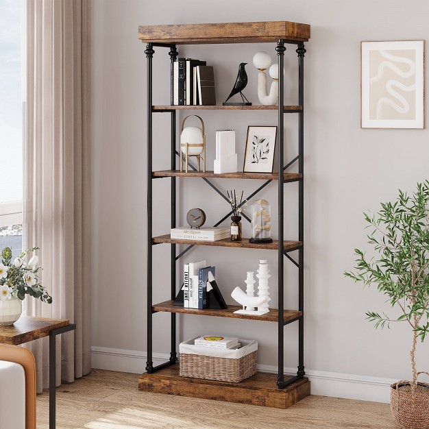 Trinity Industrial Bookshelf Wood Bookcase 6 Tier Storage Open Rack Shelf Metal Frame For Bedroom living Room And Home Office