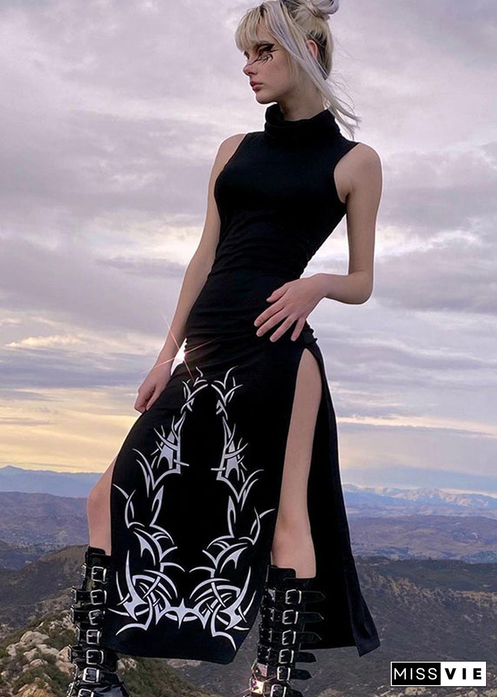 Sexy Black Turtleneck Print Side Open Cotton Robe Long Dresses Sleeveless