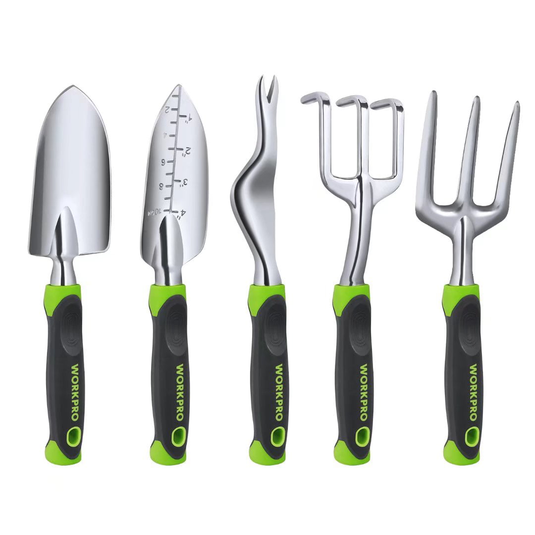 WORKPRO Garden Tool Set, 5 Pieces Gardening Work Gifts, Cast Aluminum Outdoor Hand Tools Kit for Men and Women, Including Trowel Transplanter Weeder Hand Fork Cultivator