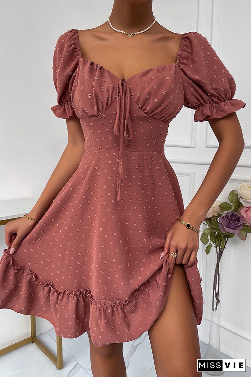 Solid Polka Dot Ruffle Short Sleeve Dress Wholesale