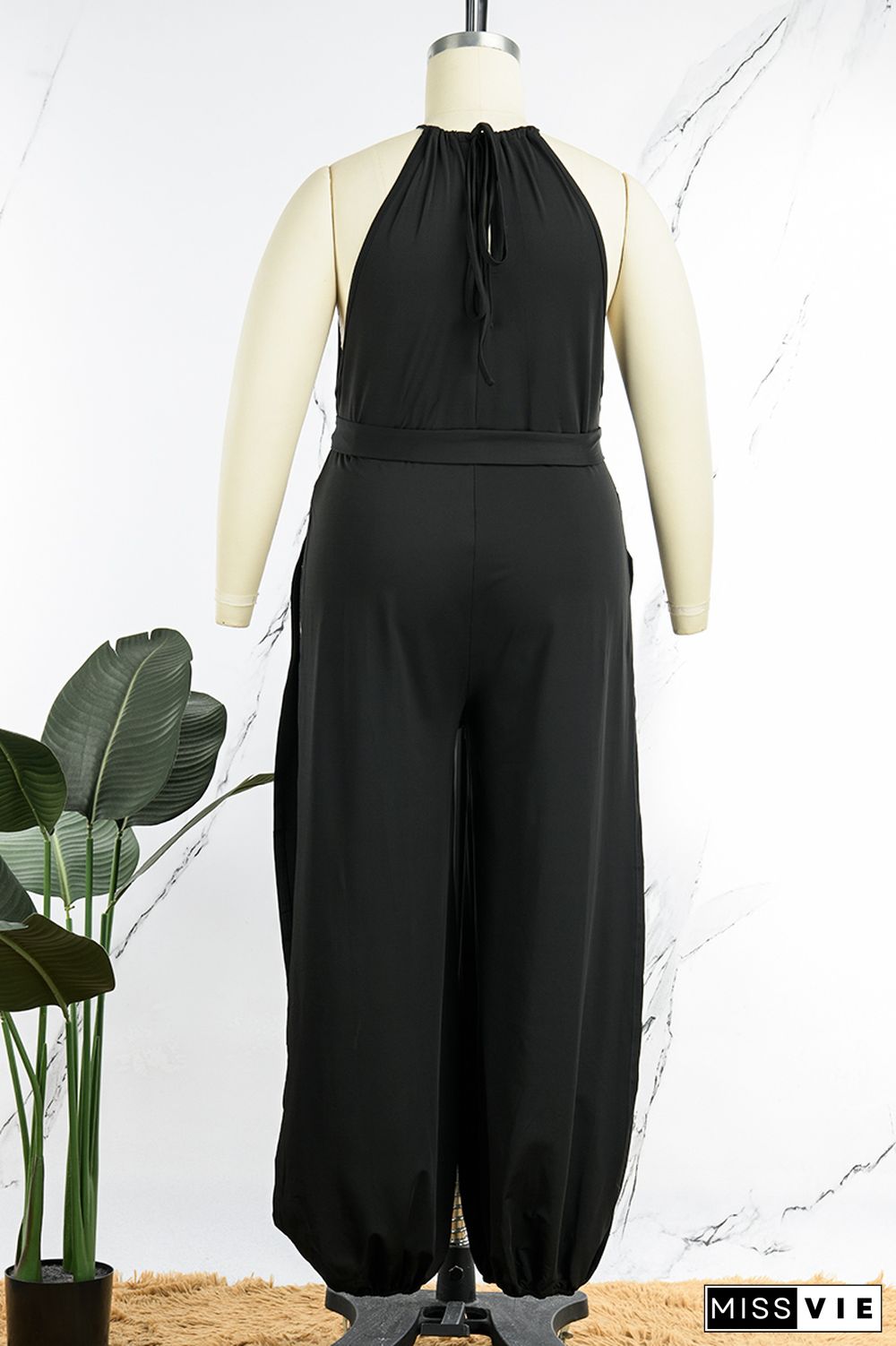 Black Sexy Casual Solid High Opening Halter Plus Size Jumpsuits(With Belt)