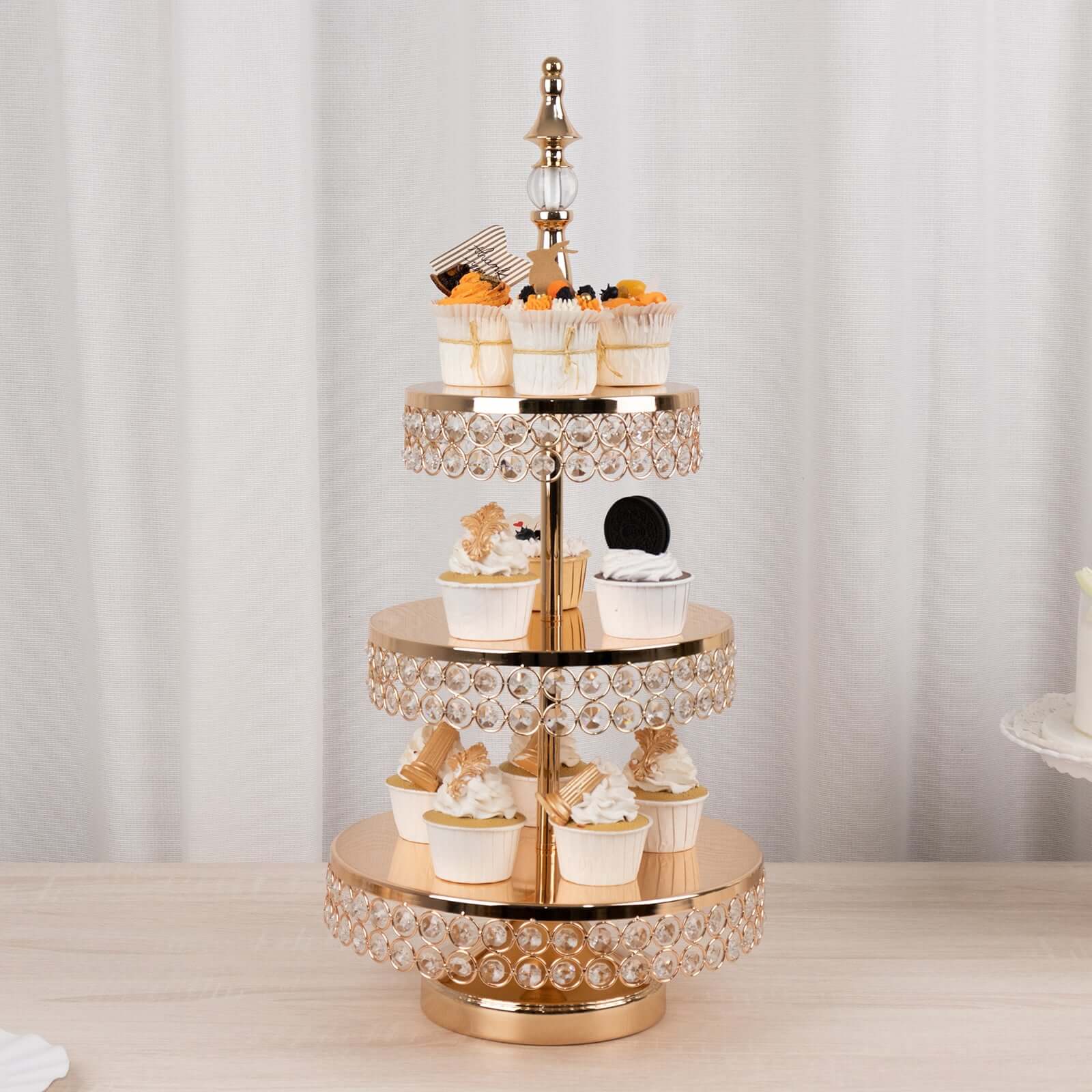 3-Tier Crystal Beaded Gold Metal Cake Stand, Cupcake Tower Dessert Display Stand with Round Mirror Top - 26