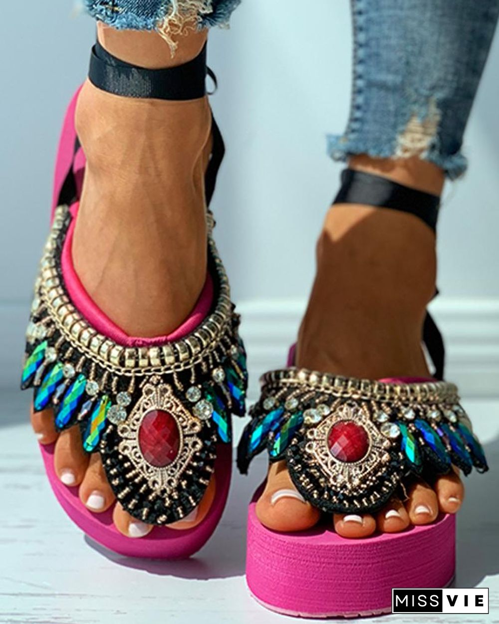 Studded Rhinestone Toe Post Wedge Sandals