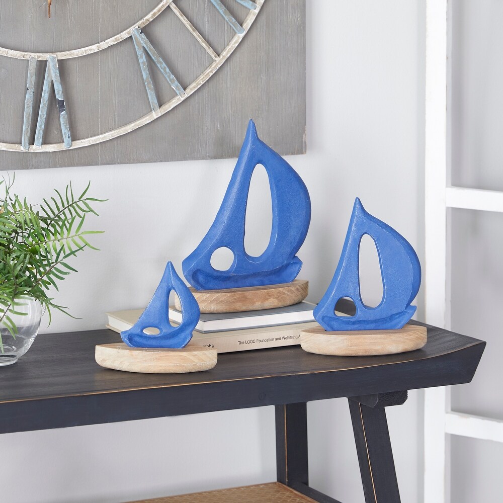 White or Blue Wood Sail Boat Sculpture with Wood Base (Set of 3)   S/3 11\