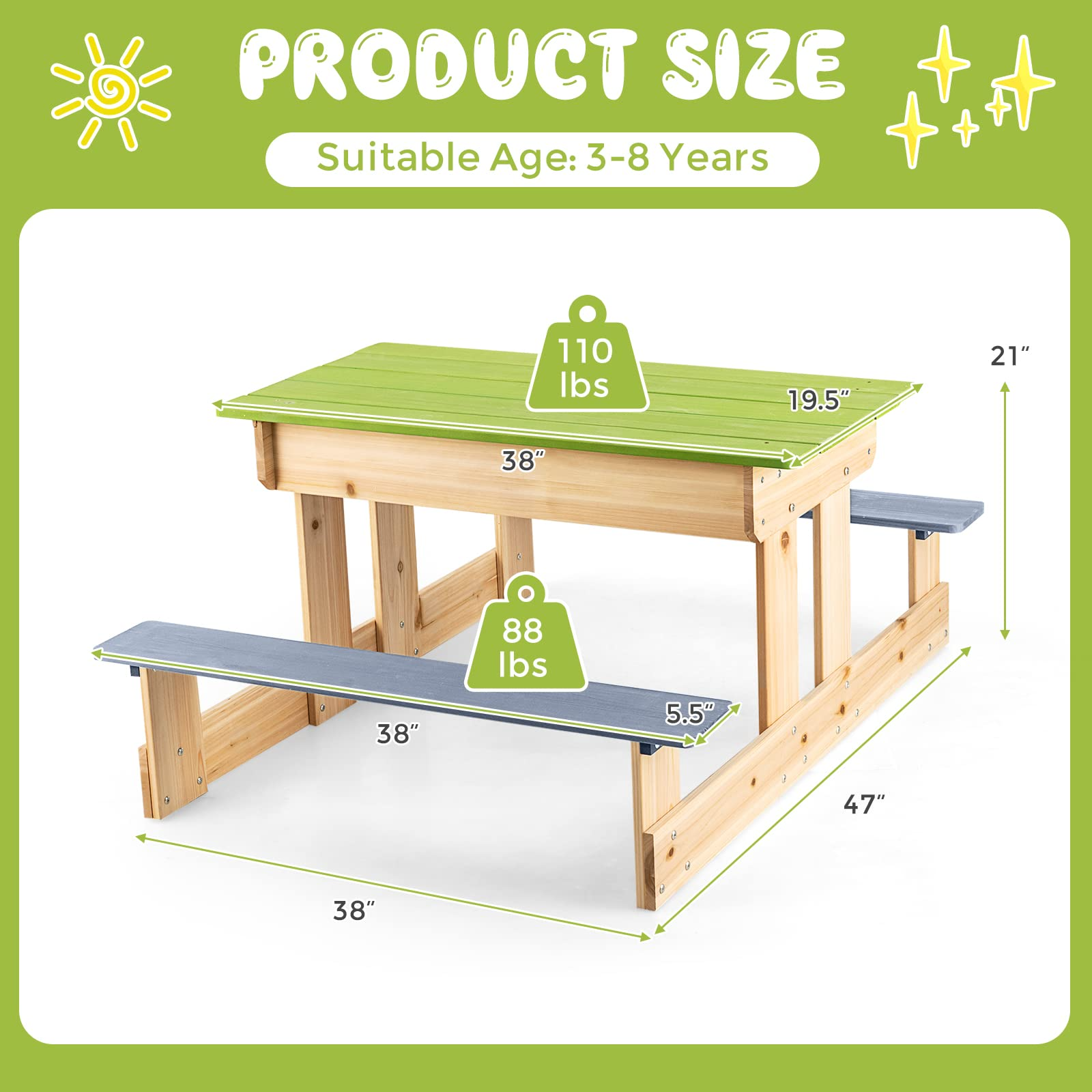 Costzon Kids Picnic Table, 3 in 1 Multipurpose Sand & Water Table w/Removable Top & 2 Storage Boxes