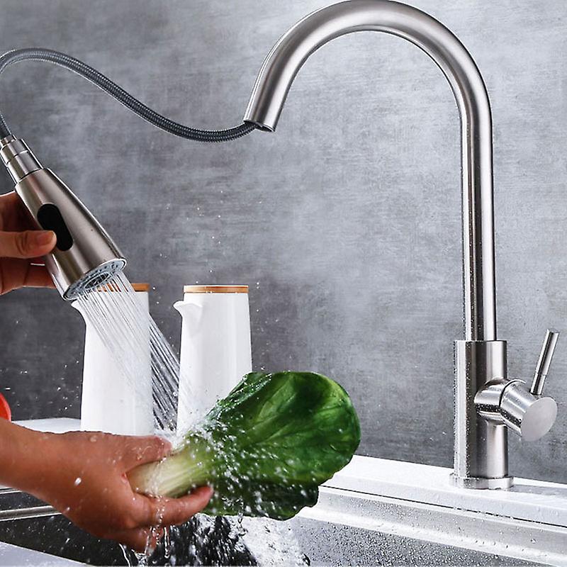 Brushed Nickel Kitchen Faucet Single Hole Pull Out Spout 360 Degree Rotating Mixer Stream Sprayer Head Hot And Cold Mixer Tap