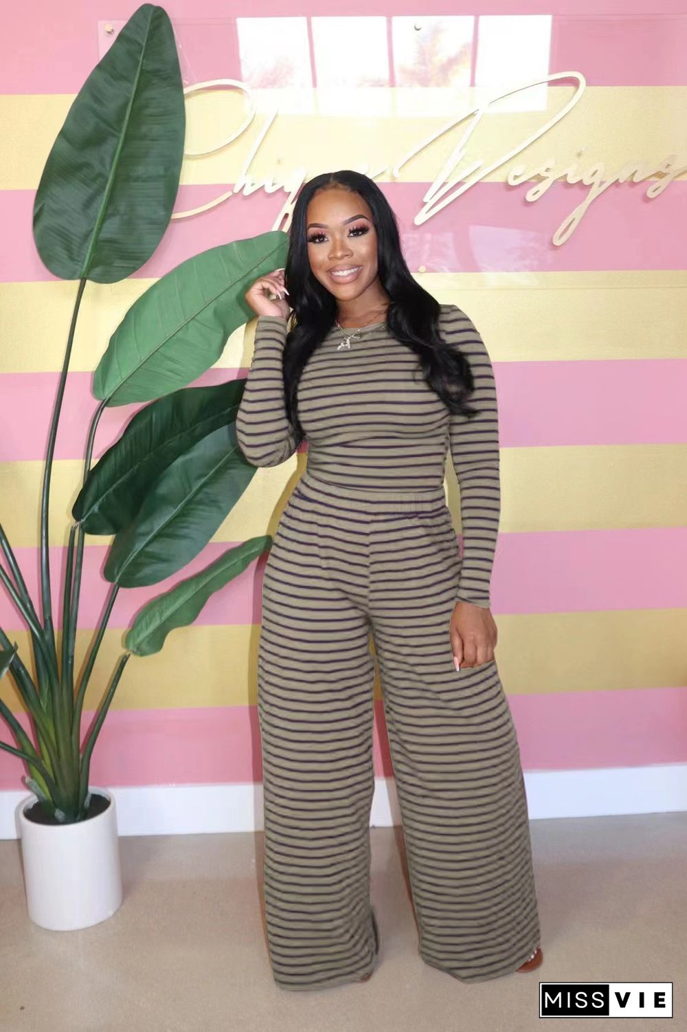 Striped Long Sleeve T Shirts Wide Leg Pants Outfits