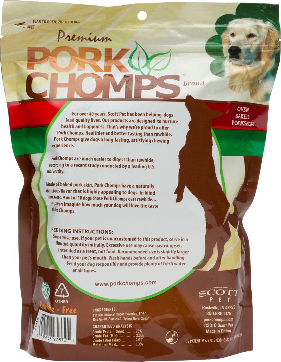 Premium Pork Chomps Bacon Flavor Knotz Dog Treats， 6 - 7 in， 8 count