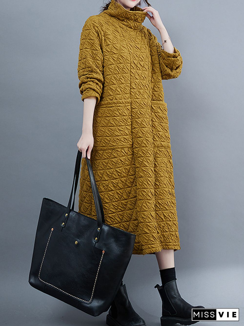 Casual Long Sleeves Loose Solid Color Textured High-Neck Cotton Padded Midi Dresses