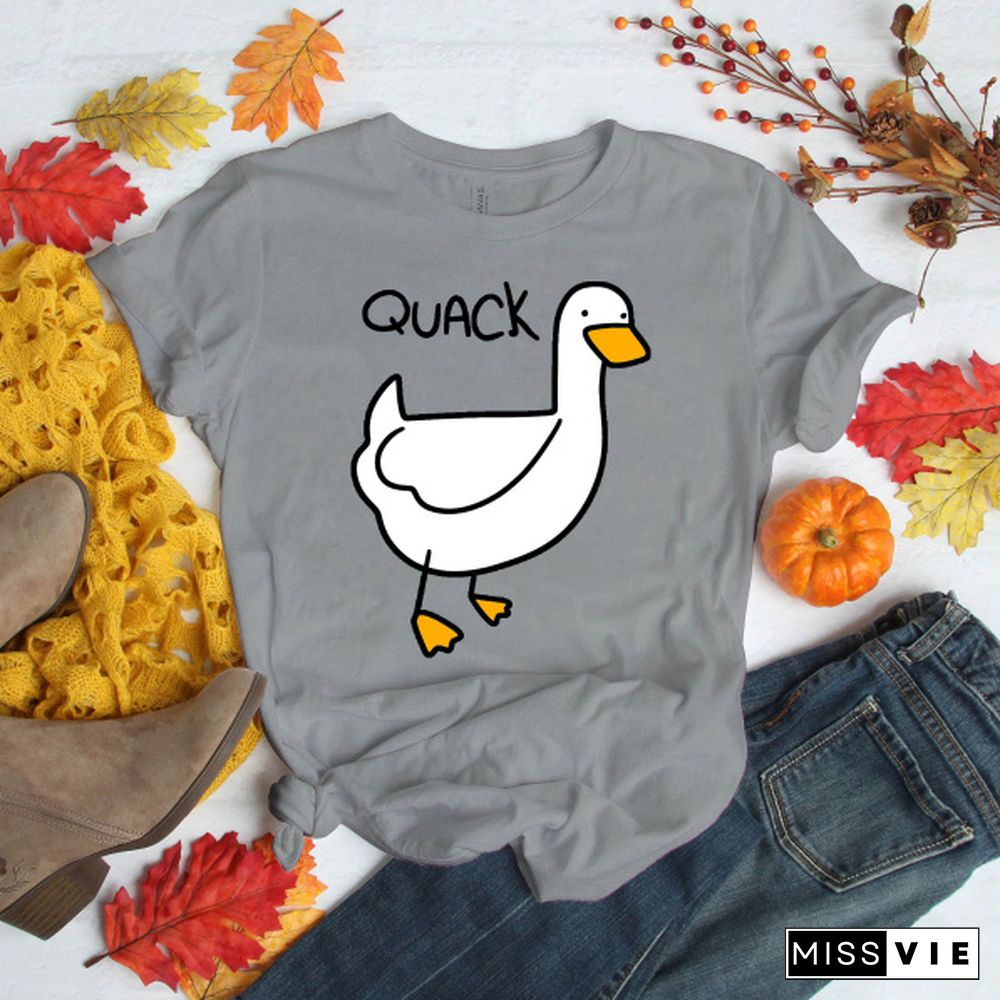 Cute Duck Quack Print T-shirts For Women Summer Lovely Short Sleeve Casual T-shirts Funny Ladies Round Neck Tops