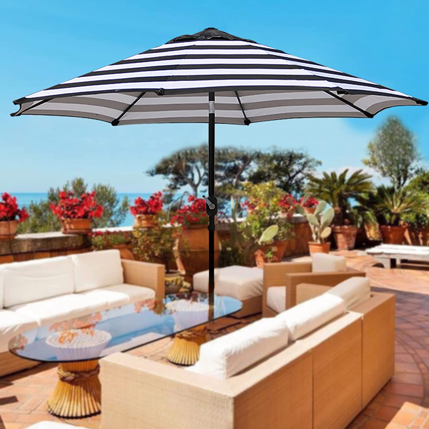 9' Outdoor Market Patio Umbrella with Push Button Tilt and Crank, 8 Ribs (Tan)