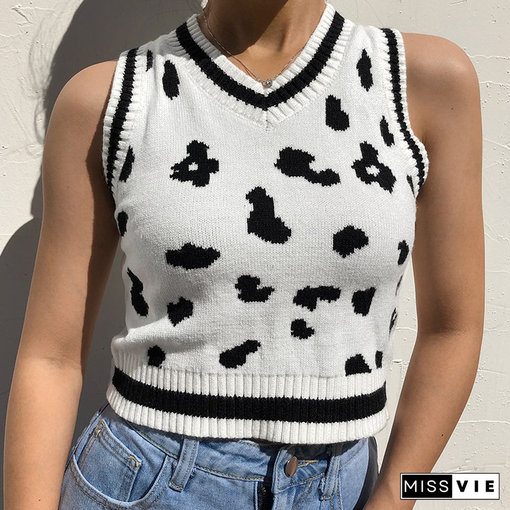 Fashion Cow Print Sweater Vest Women Knitted Pullovers Loose Vintage Waistcoat Sleeveless Pullover Sweater Tops Knitted Tops