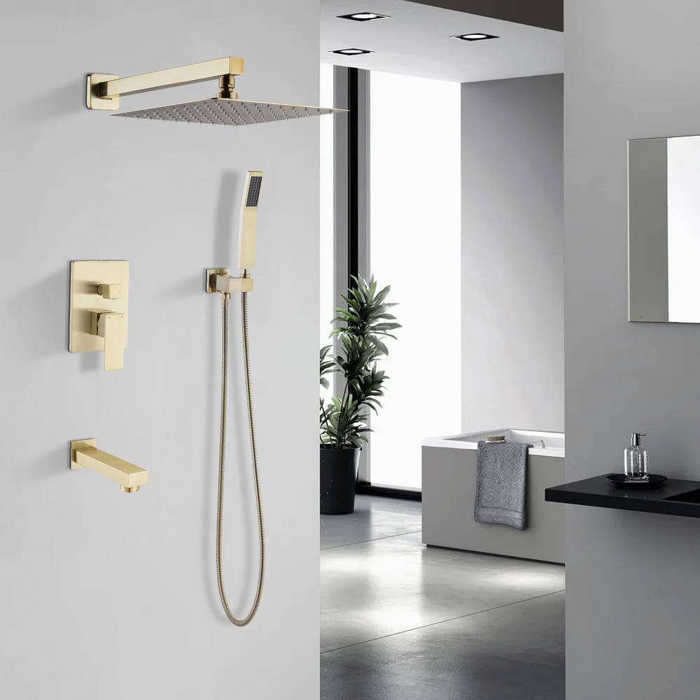 Flynama 1-Spray 12 in. Square Rain Wall Bar Shower Kit with Hand Shower and Tub Faucet in Brushed Gold(Valve Included) MS-A3801-12BG