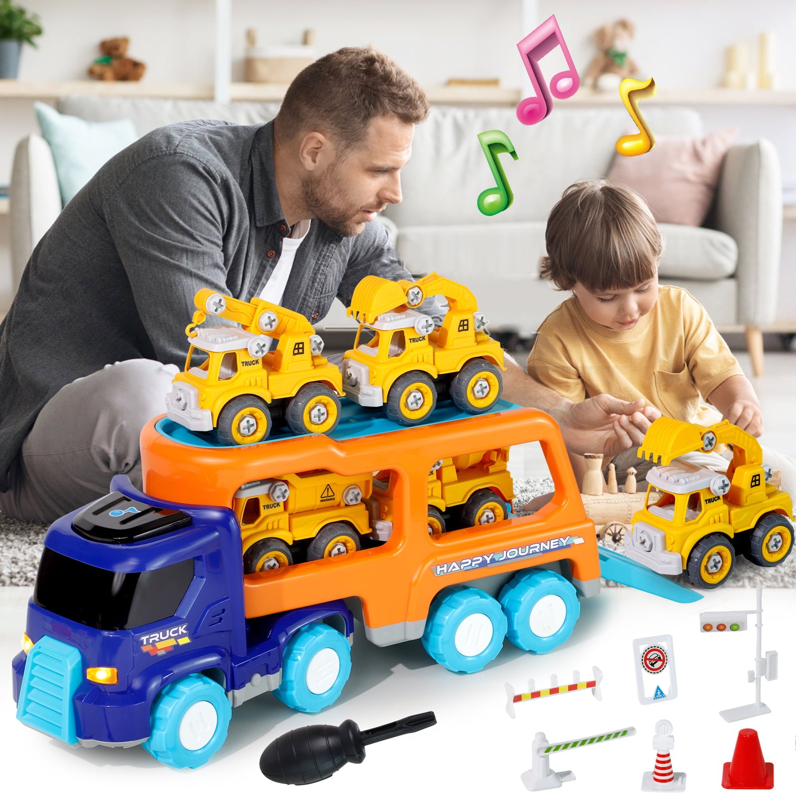 Take Apart Construction Truck Cars Toys for 2 3 4 5 Years Old Toddlers Boys Big Transport Carrier Truck with 4 Small Take Apart Engineering Trucks and Drills Toys with Sound and Light